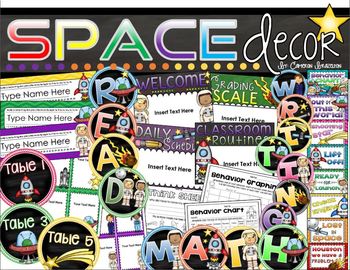 Preview of Outer Space Theme Classroom Decor Bundle (Behavior Chart, Name Plates, Signs)