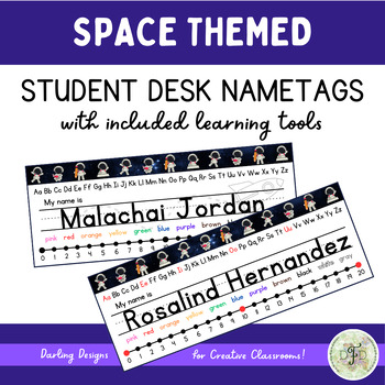 Preview of Outer Space Themed Student Desk Name Tags with Learning Tools