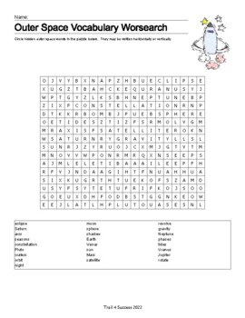 Preview of Outer Space Vocabulary Wordsearch Worksheet Plus Answer Key