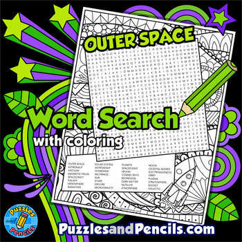 Preview of Outer Space Word Search Puzzle Activity Page with Coloring | Space Wordsearch