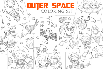 Preview of Outer Space cute little boy girl star planet and moon - Kids & Adult coloring A4