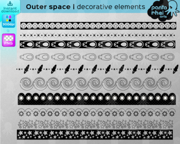 Preview of Outer Space decorative elements: outline BW borders, corners, frames, dividers