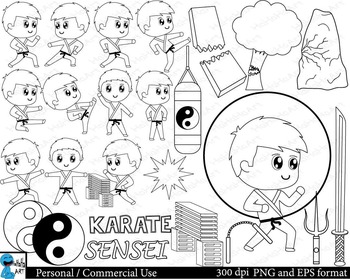 Preview of Outline Karate kids Digital Clip Personal Commercial Use 38 images cod158