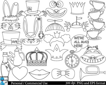 Preview of Outline Mad Hatters Tea Party booth Props ClipArt 37 images cod138