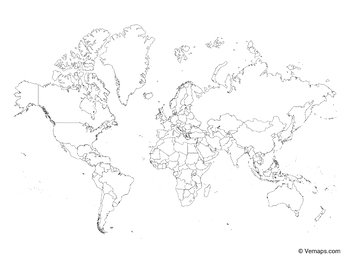 Outline Map Of The World With Countries Mercator Projection By Vemaps