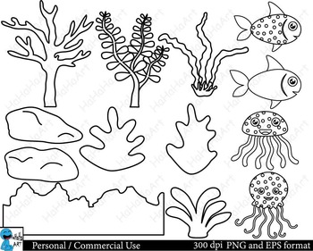 Outline Sea animals Digital ClipArt Personal, Commercial Use 35 images  cod114