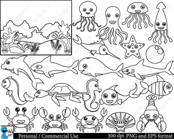 Preview of Outline Sea animals Digital ClipArt Personal, Commercial Use 35 images cod114