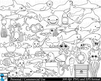 Preview of Outline under the sea Digital Clip Art Personal Commercial Use 47 images cod164