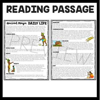 Maya Daily Life Informational Text Reading Comprehension Worksheet Mayan