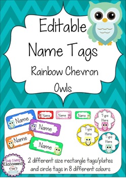 Preview of Owl Editable Name Tags / Desk Plates - Rainbow Chevron