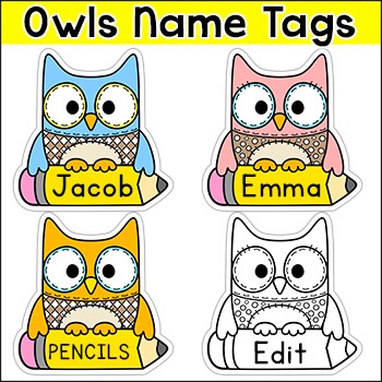 owl theme name tags locker labels editable classroom decor tpt