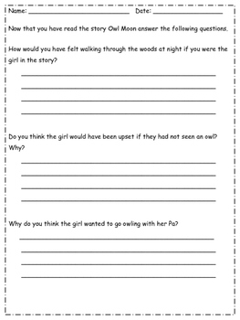 Owl Moon Comprehension Questions by Fabulosa Teacher | TPT