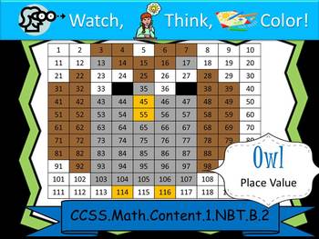 Preview of Owl Place Value - Watch, Think, Color! CCSS.1.NBT.B.2