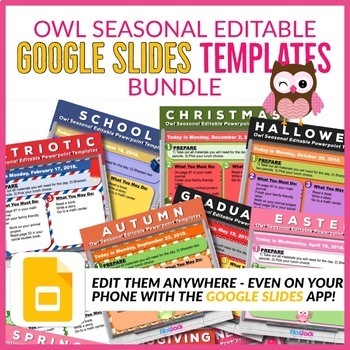 Preview of Owl Seasonal Editable Morning Work GOOGLE SLIDES Templates Bundle