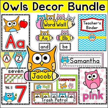 Preview of Owl Theme Classroom Decor Pack - Jobs Labels, Word Wall, Teacher's Binder etc