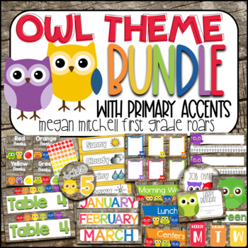 Preview of Owl Theme Classroom with Primary Colors Bundle
