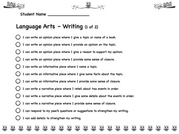 Owl Theme First Grade Common Core Checklist English Language Arts & Math