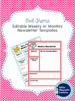 Preview of Owl Theme Weekly or Monthly Newsletter Templates EDITABLE