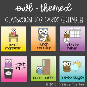 Preview of Owl-Themed Class Job Cards - Editable