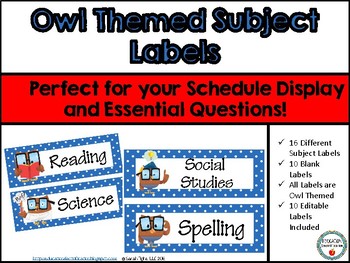 Preview of Owl Themed Subject Labels/Essential Questions Subject Labels (Editable)