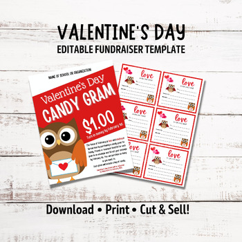 Preview of Owl Theme Editable Valentine's Day Candy Gram Fundraiser Flyer Template