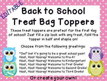 Preview of EDITABLE Owl and Polka Dot Back to School Treat Topper
