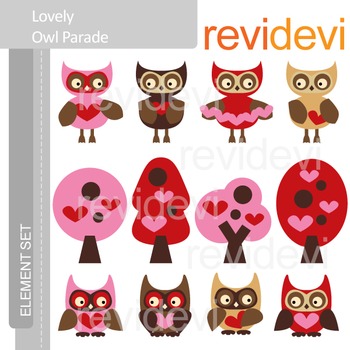 Preview of Valentine clip art: Owls in red brown