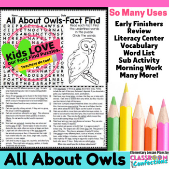 owls all about owls reading and word search activity tpt