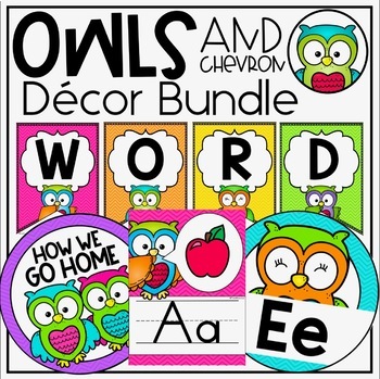 Preview of Owls & Chevron Classroom Theme Decor Bundle - Jobs, Labels, Rules & more!