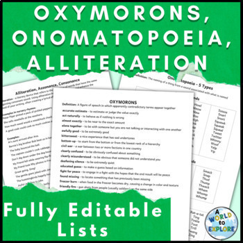 Preview of Oxymoron, Onomatopoeia, and Alliteration an Editable List of Figurative Language