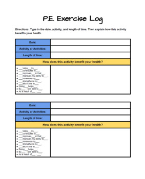 Preview of P.E. DISTANCE LEARNING Exercise Log - Upper Elementary / Middle 