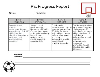 Preview of P.E. Progress Report/Report Card Rubric