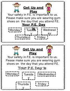 Preview of P.E. Shoe Reminder Note Spanish & English