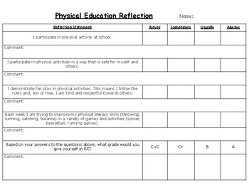 Preview of P.E. Student Self-Assessment