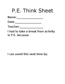 Preview of P.E. Think Sheet for Elementary School