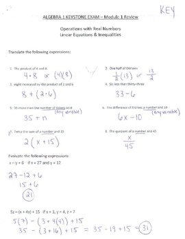 Preview of PA Algebra 1 Keystone Exam Review - Modules 1 & 2 (with step-by-step answer key)
