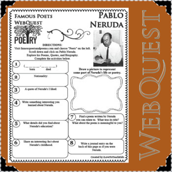 Preview of PABLO NERUDA Poet WebQuest Research Project Poetry Biography Notes