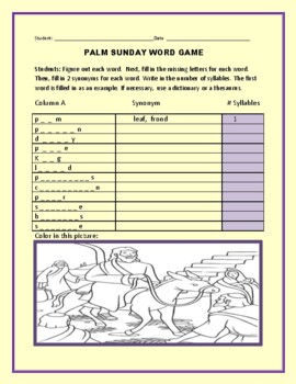 Preview of PALM SUNDAY: WORD GAME, SYNONYMS & SYLLABLES/ART PORTION