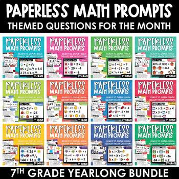 Preview of PAPERLESS Math Morning Work YEARLONG Math Spiral Review Bundle 7th Grade