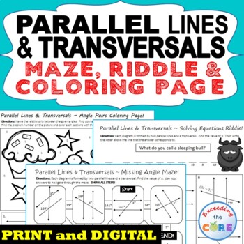 Preview of PARALLEL LINES CUT BY A TRANSVERSAL Maze, Riddle, Coloring | Print or Digital