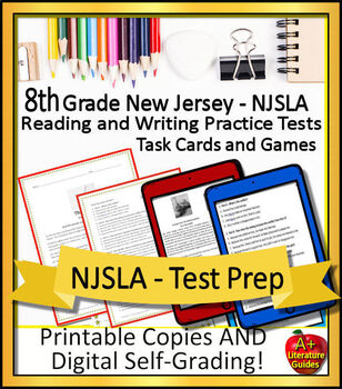 Preview of 8th Grade NJSLA Reading and Writing Practice Tests, Task Cards, and Games - Prep