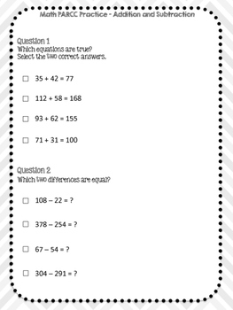 PARCC Practice MATH - Addition and Subtraction - Common Core Aligned