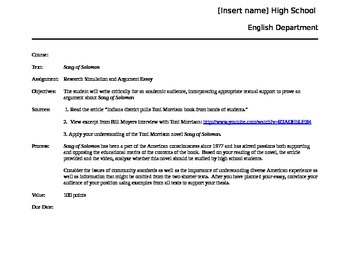 Preview of PARCC formatted Song of Solomon essay and CCSS argumentative rubric