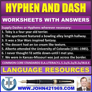 Preview of HYPHENS AND DASHES - PUNCTUATION: WORKSHEETS WITH ANSWERS