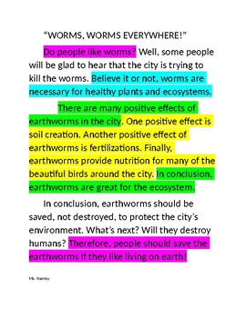 Preview of PARTS OF AN ESSAY COLOR-CODED "WORMS, WORMS, EVERYWHERE!"