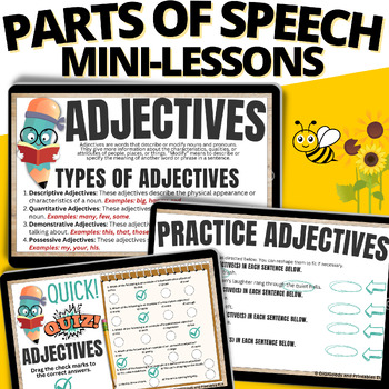 Preview of PARTS OF SPEECH REVIEW MINI-LESSONS: NOUNS, VERBS, ADJECTIVES, ADVERBS, PROUNS