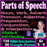 PARTS OF SPEECH Self-Grading Google Forms. 720 MCQs 5th-6th grade ELA Reviews