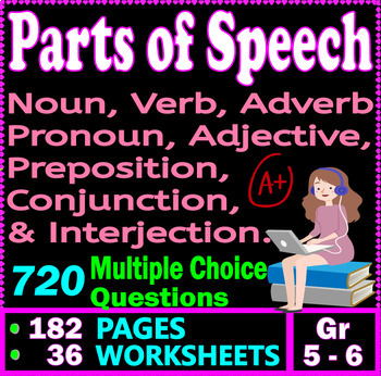 Preview of PARTS OF SPEECH Worksheets. Nouns, Verbs, Adjectives, Adverbs. 5th-6th grade ELA