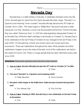 Preview of PASSAGE & QUIZ: Nevada Day-Easy (Editable File for Grades 1-3)