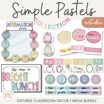 Preview of PASTELS Classroom Decor BUNDLE | Calm Pastel Rainbow Editable Decor